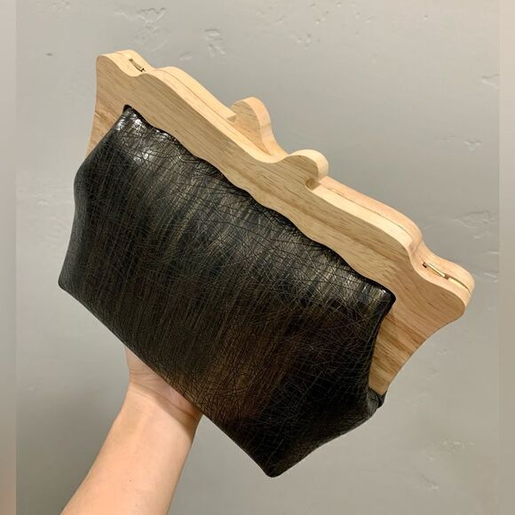 Handmade Genuine Cowhide Embossed  Leather Wooden Frame Purse & 2 Strap Styles - Picture 12 of 15